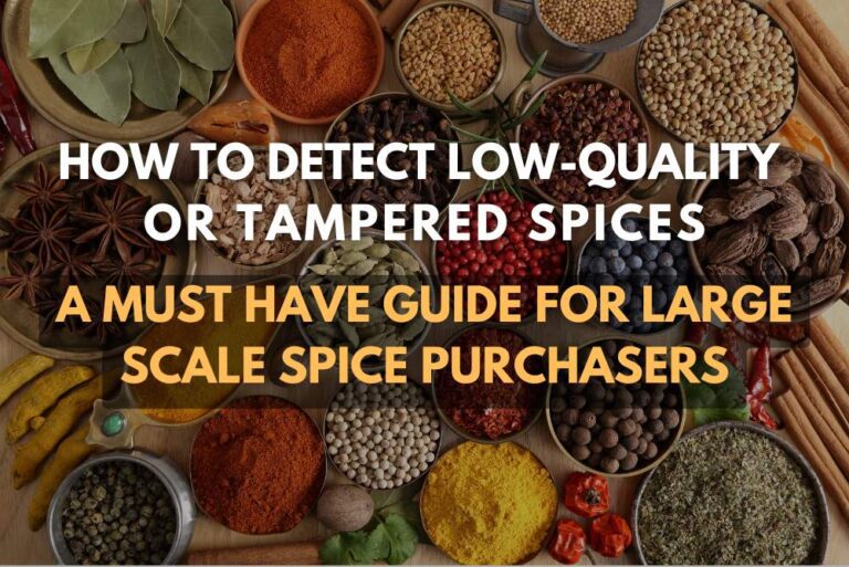 Infographic showing spice adulteration detection methods including water tests, texture analysis, and visual checks for turmeric, chili, black pepper, mustard, and coriander.