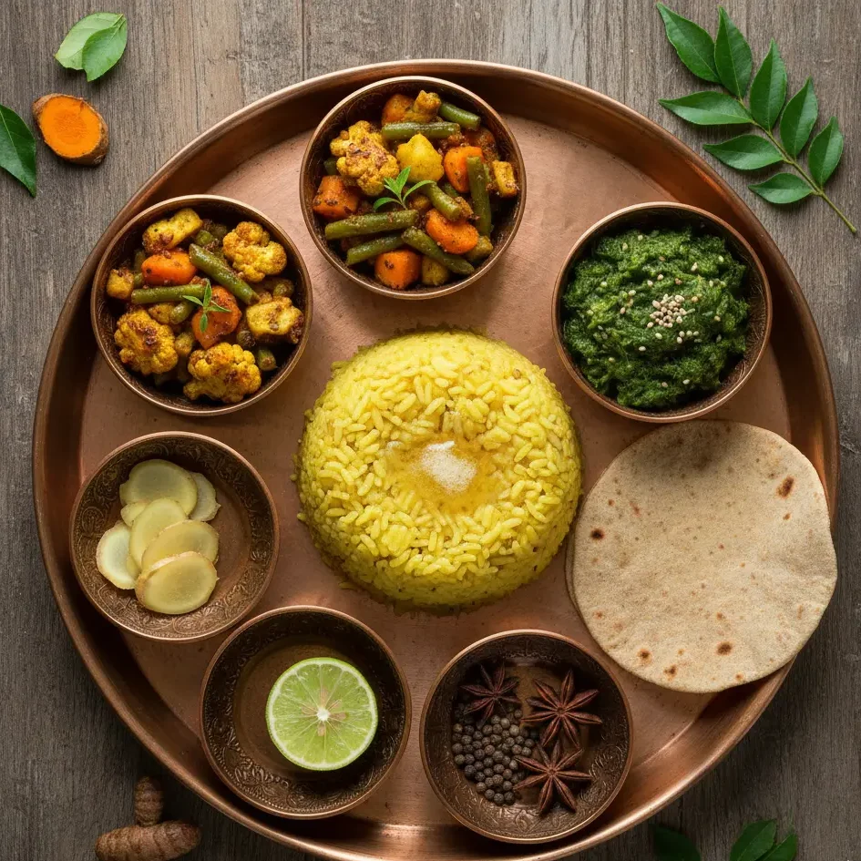  immunity boosting meal plate with khichdi, ghee, turmeric vegetables and herbal sides, balanced nutrition concept, top view food photography, natural colors, high resolution.