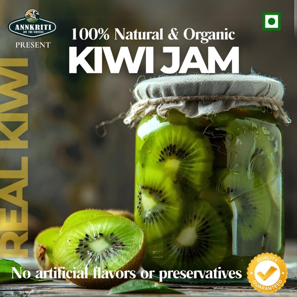 Jar of organic kiwi jam by Kesarishalya Industries